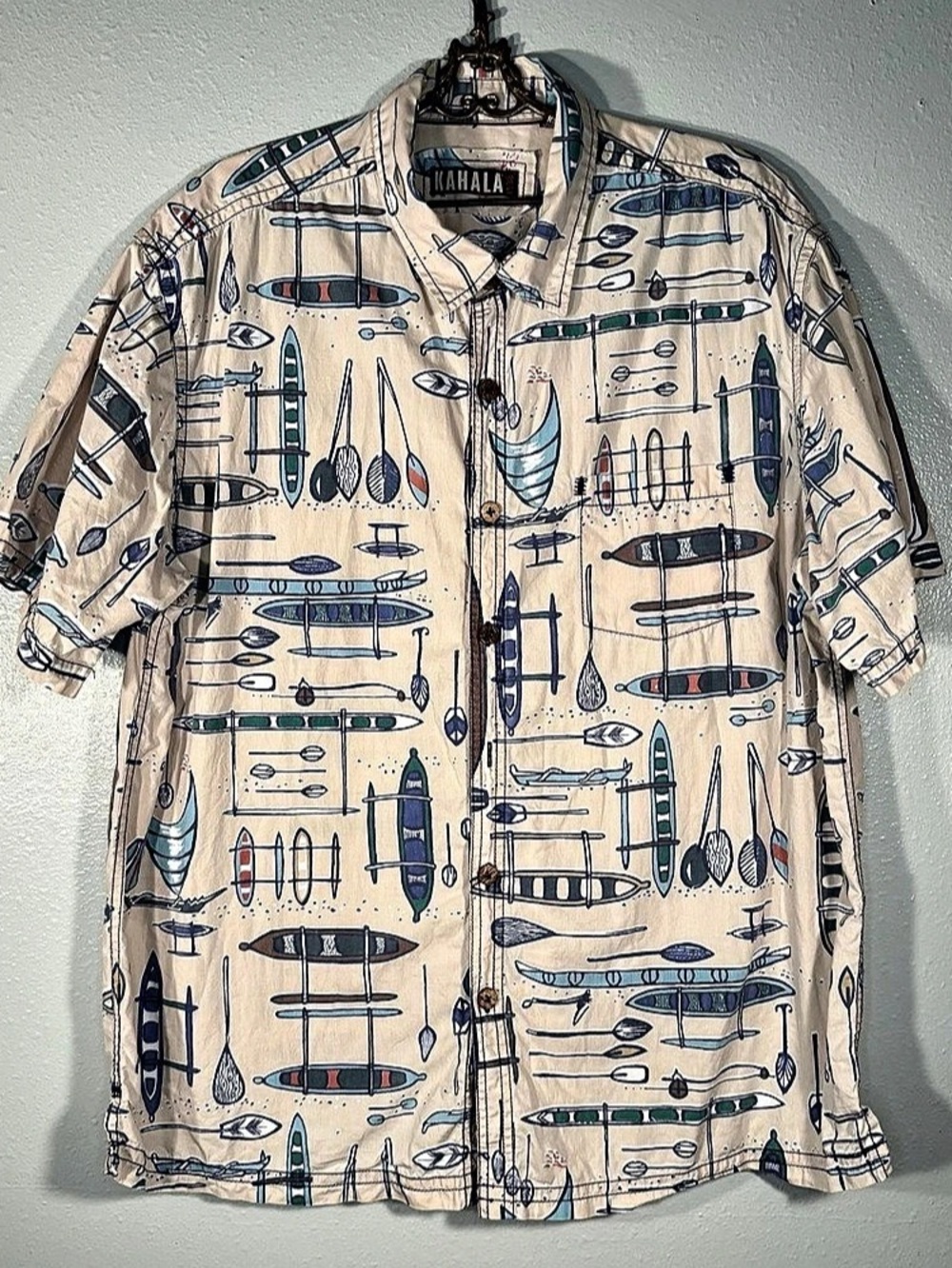Kahala Men’s 2XL Hawaiian Shirt Canoe Paddle Print 100% Cotton Replacement Butto